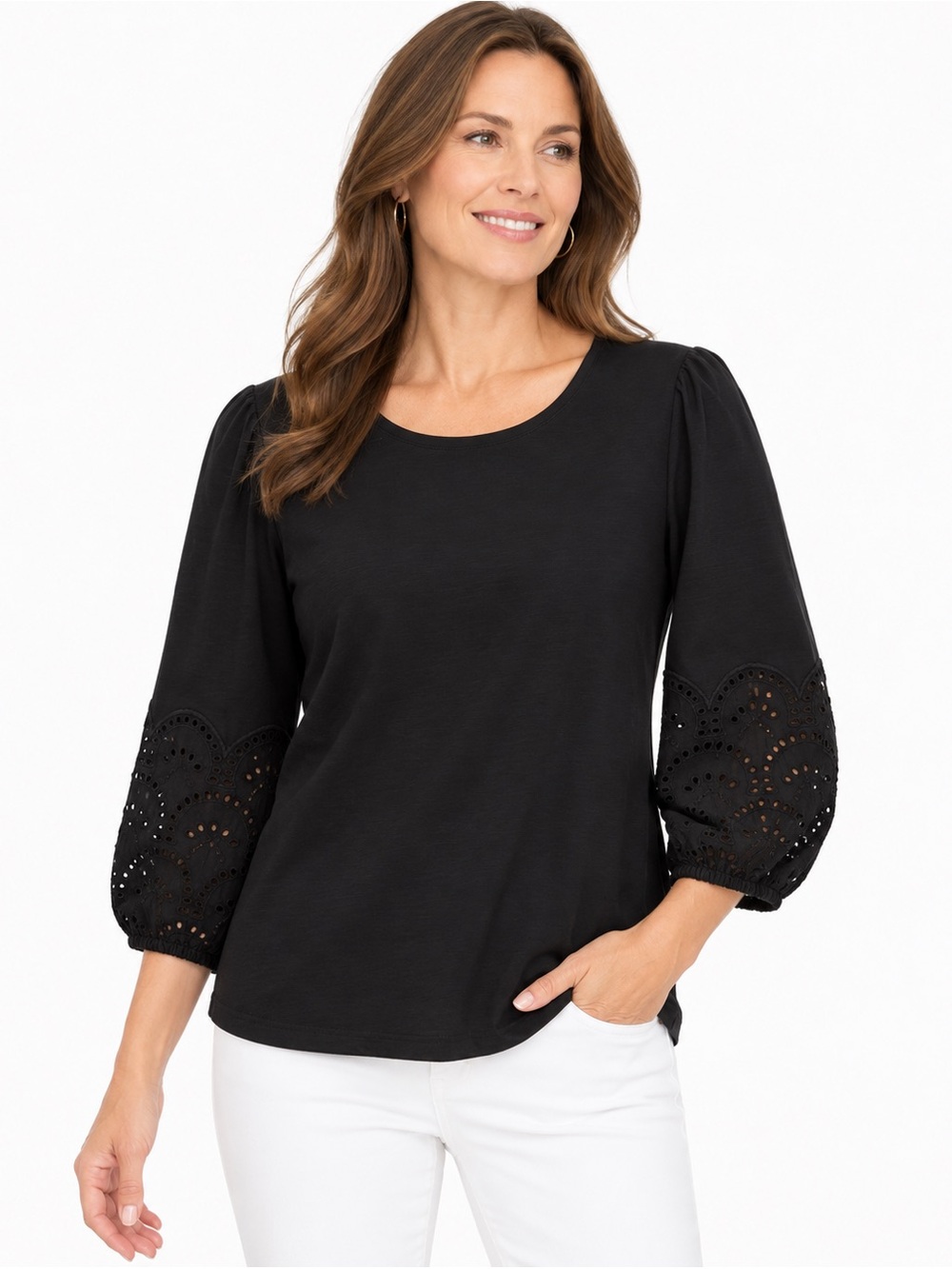 Chico’s Black Eyelet Embroidered Balloon Sleeve Top Size 2 L